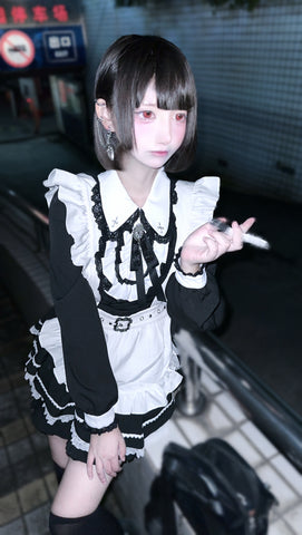 ［ファッション］地雷系 長袖 メイド ワンピース+パンツ セットアップ【堕天使】