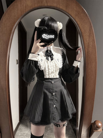 ［ファッション］地雷系 クロスフリルカラーペプラムトップス+パンツ【FK2W38】