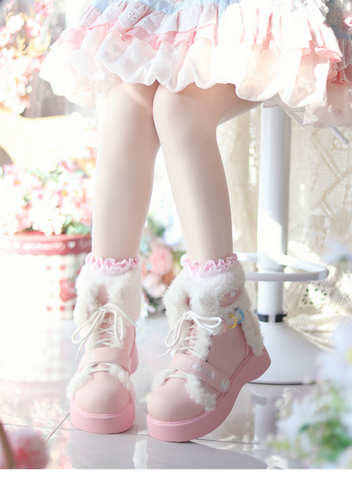 ［靴］ロリータ ファー ラウンドトゥ ショートブーツ【Q811JV】