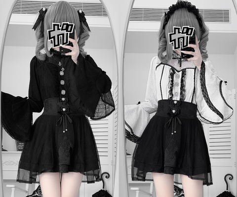 ［ファッション］地雷系 レースフレアスリーブブラウス+スカート【蚀月姬】