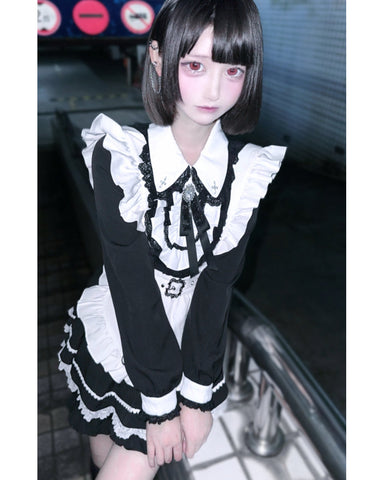 ［ファッション］地雷系 長袖 メイド ワンピース+パンツ セットアップ【堕天使】