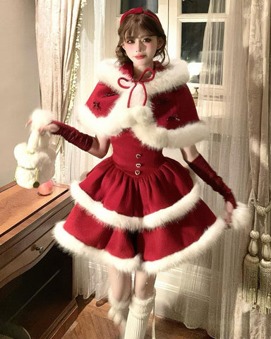 ［ファッション］レッドベルベットケーキファーコート キャミワンピース【73K3LD】