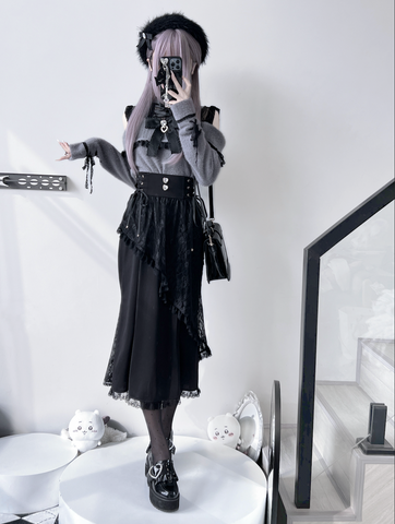 ［ファッション］地雷系 レース オープンショルダーセーター【绮愿】