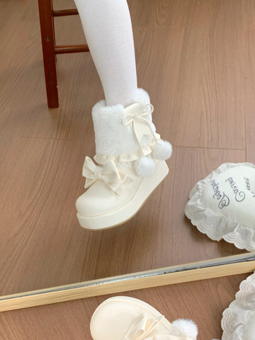 ［靴］ロリータ ラウンドトゥ ファー ショートブーツ【ZDPA35】