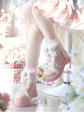 ［靴］ロリータ ファー ラウンドトゥ ショートブーツ【Q811JV】