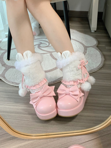 ［靴］ロリータ ラウンドトゥ ファー ショートブーツ【ZDPA35】