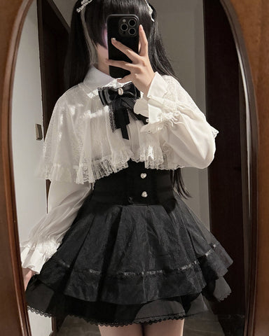［ファッション］S-4L 地雷系 レース ケープブラウス+スカート【CA9ASZ】