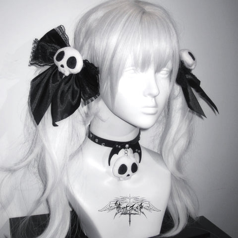 ［ファッション］サブカル スカル リボン ヘアピン チョーカー【T6TH6B】