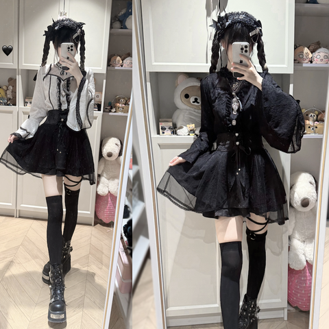 ［ファッション］地雷系 レースフレアスリーブブラウス+スカート【蚀月姬】