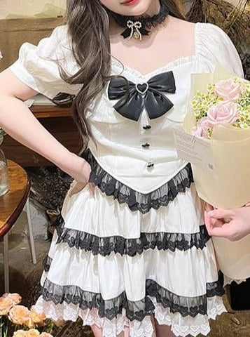 ［洋服］ 2L-4Lサイズ ガーリー リボン付きスクエアネックレースセットアップ【SM3CDF】