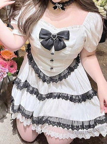 ［洋服］ 2L-4Lサイズ ガーリー リボン付きスクエアネックレースセットアップ【SM3CDF】