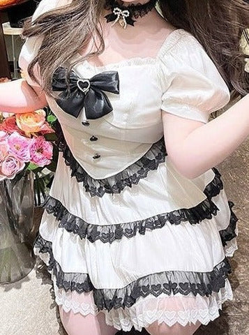 ［洋服］ 2L-4Lサイズ ガーリー リボン付きスクエアネックレースセットアップ【SM3CDF】