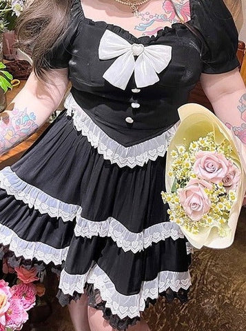 ［洋服］ 2L-4Lサイズ ガーリー リボン付きスクエアネックレースセットアップ【SM3CDF】