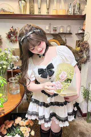［洋服］ 2L-4Lサイズ ガーリー リボン付きスクエアネックレースセットアップ【SM3CDF】
